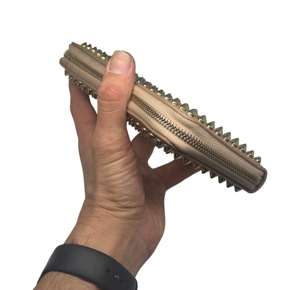 Christian Louboutin Studded Leather Zip Around Wallet Nude Gold Spikes - Picture 2 of 11